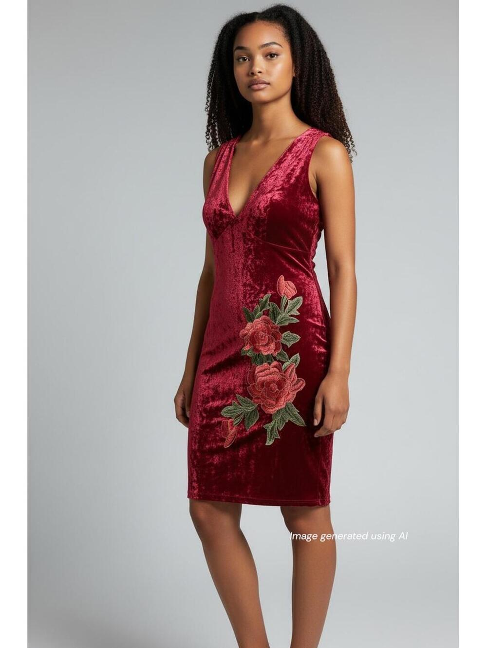 VTG Fashion Magazine 90's Medium Crushed Velvet Embroidered Floral Dress Wine